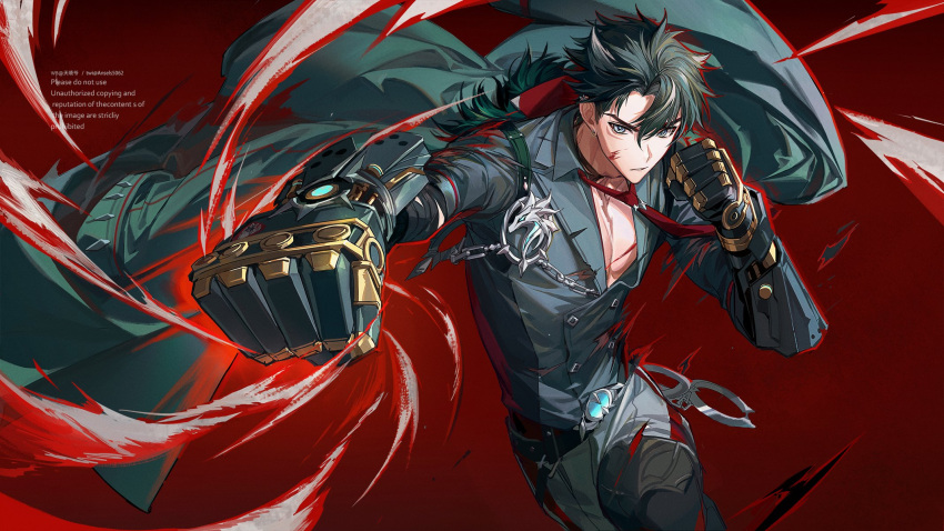 1boy animal_ears black_coat black_hair black_pants black_sleeves clenched_hand closed_mouth coat gauntlets genshin_impact hair_between_eyes highres long_sleeves male_focus multicolored_hair pants punching red_background scar scar_on_cheek scar_on_face short_hair solo streaked_hair tianxiaoye_ansel.s upper_body wriothesley_(genshin_impact)