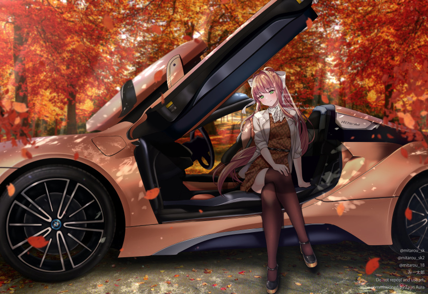 1girl absurdres autumn autumn_leaves black_footwear blush bow brown_hair brown_thighhighs closed_mouth commission crossed_legs day doki_doki_literature_club green_eyes hair_bow high_heels highres long_hair long_sleeves looking_at_viewer mi_tarou0412 monika_(doki_doki_literature_club) outdoors ponytail sitting smile solo thigh-highs tree white_bow