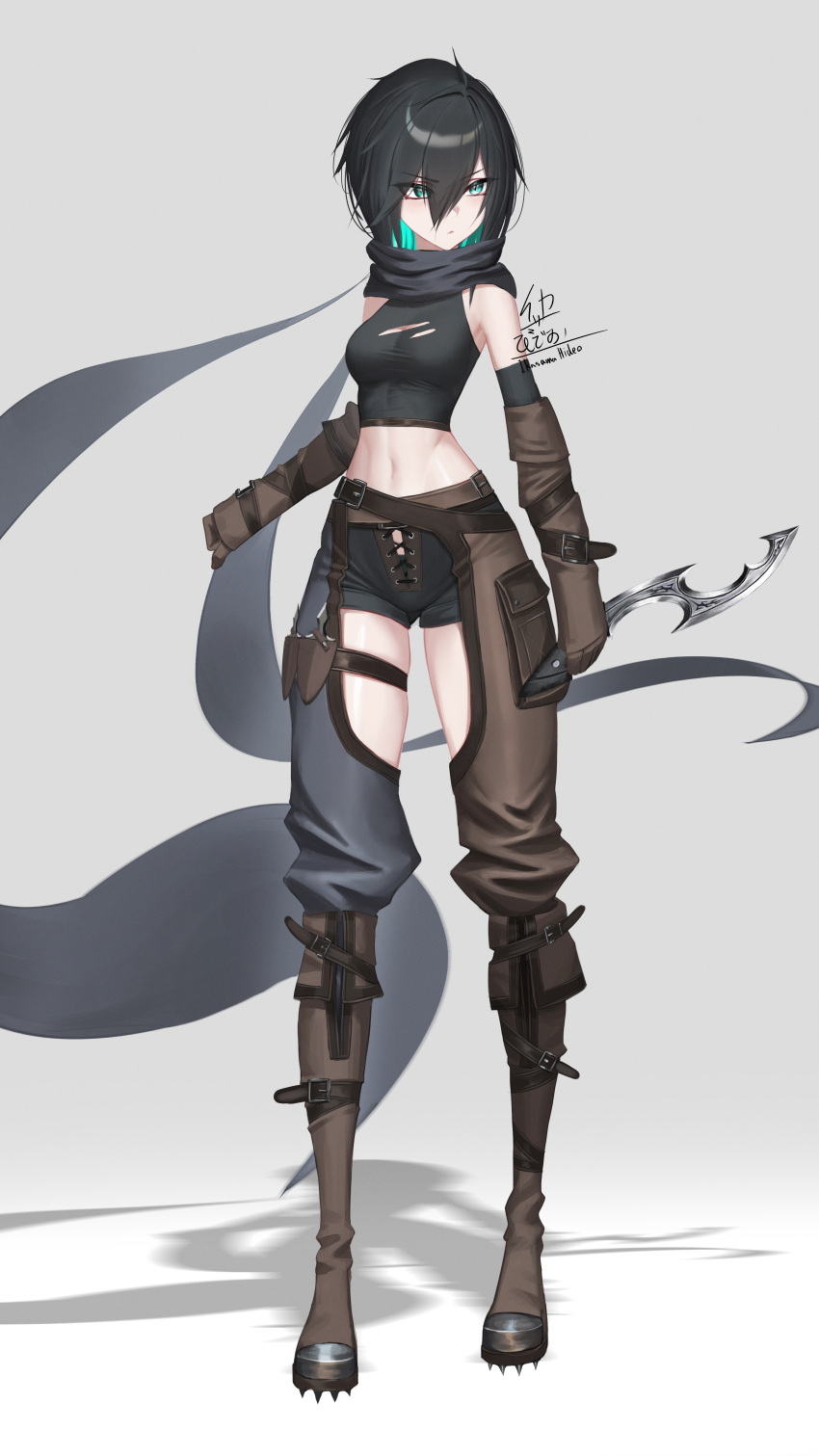 1girl absurdres aqua_eyes aqua_hair asymmetrical_legwear black_hair boots breasts chaps cleats colored_inner_hair dagger elbow_gloves fantasy full_body gloves gradient_background grey_background highres holding holding_dagger holding_knife holding_weapon ikasamahideo khopesh knife leather leather_boots leather_gloves medium_breasts midriff multicolored_hair navel original reverse_grip scarf shadow short_hair shorts signature solo standing steel-toe_boots two-tone_hair weapon white_background