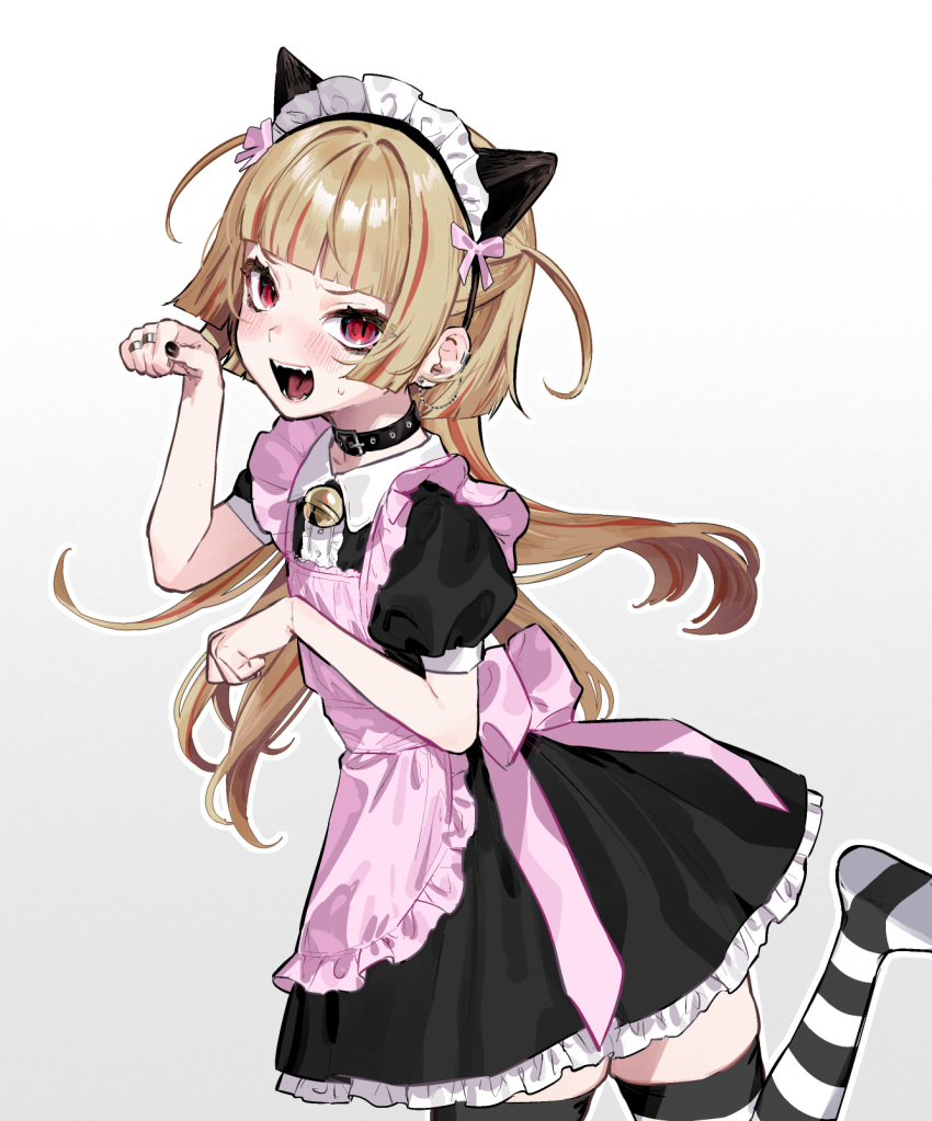 1girl animal_ears apron bell black_collar black_dress black_nails black_thighhighs blonde_hair blunt_bangs blush buttons collar cowboy_shot dress ear_chain fake_animal_ears fangs flat_chest frilled_dress frills hair_ribbon highres jewelry long_hair looking_at_viewer maid maid_apron maid_headdress multicolored_hair neck_bell nikubou_maranoshin open_mouth original paw_pose pink_apron pink_ribbon puffy_short_sleeves puffy_sleeves red_eyes redhead ribbon ring short_sleeves sidelocks simple_background skindentation slit_pupils standing standing_on_one_leg streaked_hair striped striped_thighhighs sweatdrop thigh-highs two-tone_hair white_background white_thighhighs zettai_ryouiki