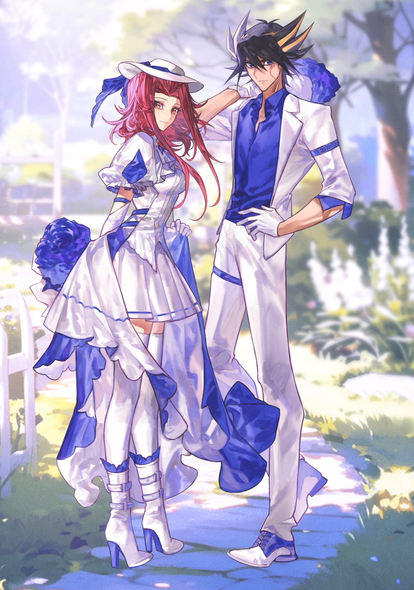 1boy 1girl absurdres arm_behind_back black_hair blonde_hair blue_flower blue_shirt blurry blurry_background boots bouquet collared_shirt day dress_shirt floating_hair flower fudou_yuusei full_body gloves hand_on_own_hip high_heels highres holding holding_bouquet izayoi_aki jacket looking_at_viewer miniskirt multicolored_hair naoki_(2rzmcaizerails6) open_clothes open_jacket outdoors pants pleated_skirt redhead shirt short_hair_with_long_locks short_sleeves skirt spiky_hair standing thigh-highs two-tone_hair white_footwear white_gloves white_jacket white_pants white_shirt white_skirt white_thighhighs wing_collar yu-gi-oh! yu-gi-oh!_5d's