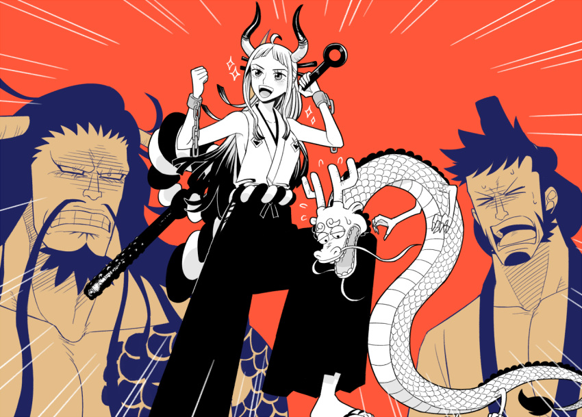 &gt;_&lt; 1girl 3boys alternate_form beard black_hair chest_tattoo clenched_hand closed_eyes club_(weapon) cuffs dragon_horns facial_hair father_and_daughter goatee handcuffs hasami_(hasami25) holding holding_weapon horns kaidou_(one_piece) kinemon long_hair momonosuke_(one_piece) multicolored_hair multiple_boys mustache one_piece oni oni_horns open_mouth short_hair sideburns smile tattoo teeth topknot weapon yamato_(one_piece)