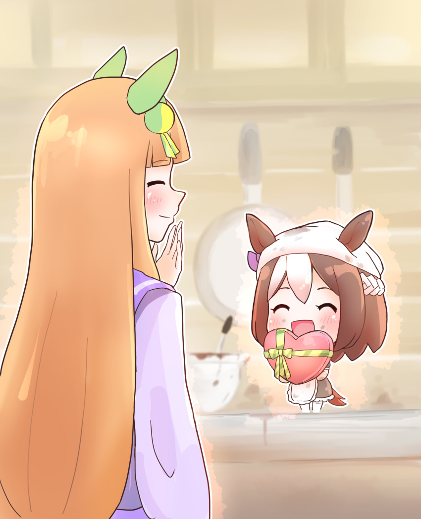 2girls animal_ears apron blunt_bangs blush bow bowl box brown_hair chibi chocolate chocolate_on_face chokueji closed_eyes covering_mouth ear_bow ear_covers food food_on_face frying_pan hair_ornament hand_over_own_mouth heart-shaped_box highres holding holding_chocolate holding_food horse_ears horse_girl horse_tail long_hair long_sleeves maid maid_apron multicolored_hair multiple_girls orange_hair purple_bow purple_shirt shirt short_hair silence_suzuka_(umamusume) smile special_week_(umamusume) tail umamusume valentine white_hair yuri