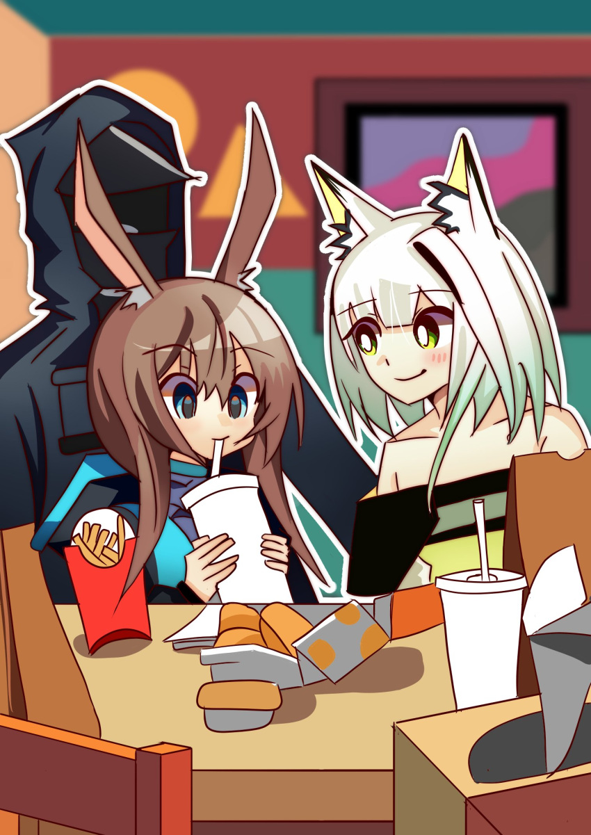 1other 2girls amiya_(arknights) animal_ears arknights bare_shoulders black_coat blue_eyes brown_hair burger coat commentary cup doctor_(arknights) dress drinking_straw english_commentary food french_fries green_dress green_eyes green_hair highres holding holding_cup hood hooded_coat hooded_jacket indoors jacket kal'tsit_(arknights) lynx_ears lynx_girl mcdonald's multiple_girls parody rabbit_ears rabbit_girl sitting sitting_on_lap sitting_on_person smile table tyco0z yoru_mac