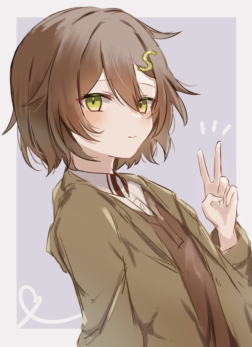 1girl blush brown_hair brown_jacket copyright_request green_eyes highres jacket letter_hair_ornament long_sleeves open_clothes open_jacket short_hair smile solo v yomogi_mogu