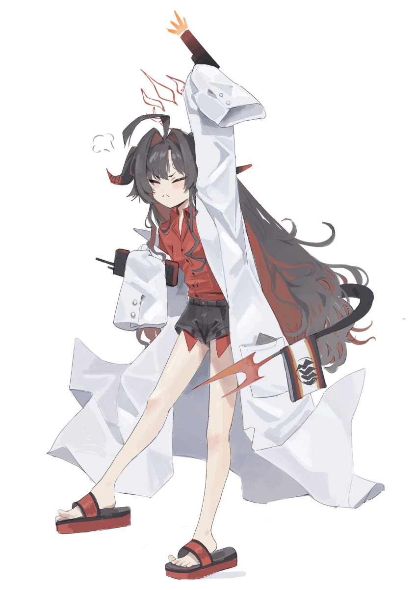 1girl :&lt; absurdres ahoge arm_up black_hair black_horns black_shorts black_tail blue_archive closed_eyes closed_mouth coat collared_shirt demon_horns full_body gun hair_intakes highres holding holding_gun holding_weapon horns kasumi_(blue_archive) lab_coat long_hair lwj oversized_clothes red_shirt sandals shirt shirt_tucked_in shorts simple_background sleeves_past_fingers sleeves_past_wrists solo walkie-talkie weapon white_background white_coat