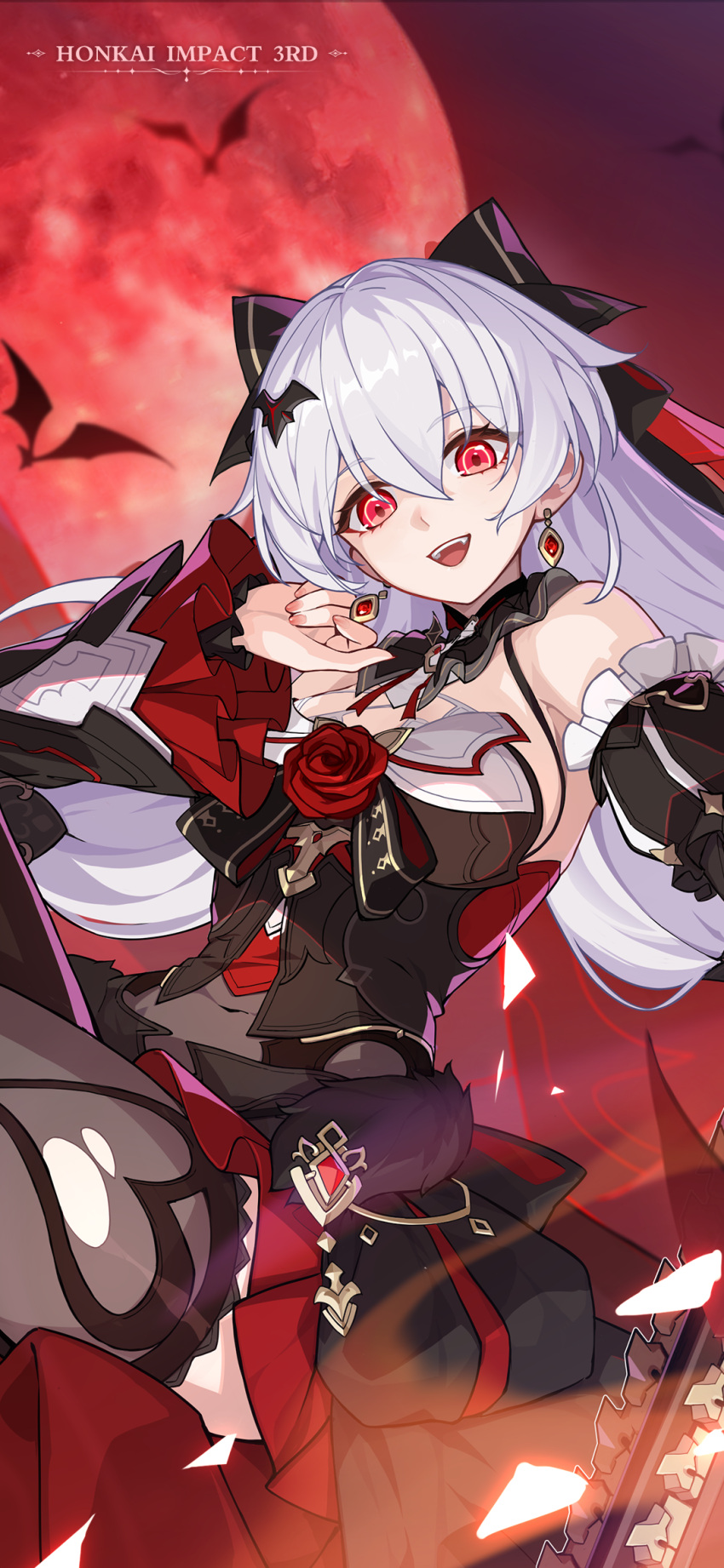 1girl animal bare_shoulders bat_(animal) black_dress black_thighhighs chinese_commentary detached_sleeves dress earrings flower full_moon hair_between_eyes highres honkai_(series) honkai_impact_3rd jewelry long_hair looking_at_viewer moon nail_polish official_art official_wallpaper open_mouth red_eyes red_flower red_moon red_rose rose solo teeth theresa_apocalypse theresa_apocalypse_(lunar_vow:_crimson_love) thigh-highs torn_clothes upper_teeth_only vampire weapon white_hair