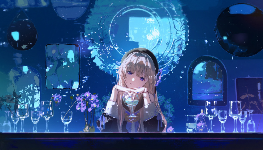 1girl absurdres black_headwear blonde_hair blue_nails cup doll_joints drinking_glass flower glassware head_tilt herta_(honkai:_star_rail) highres honkai:_star_rail honkai_(series) joints long_hair looking_at_viewer parted_lips sheya_tin simulate_your_universe_challenge solo violet_eyes window