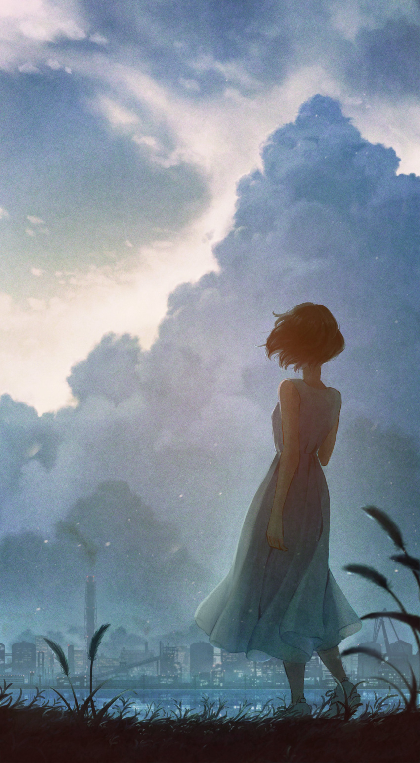 1girl absurdres bare_shoulders black_hair cityscape clouds cumulonimbus_cloud dress from_behind full_body grass highres original outdoors river scenery shoes short_hair sky sleeveless sleeveless_dress sneakers solo standing tsujin_bohboh water white_dress white_footwear