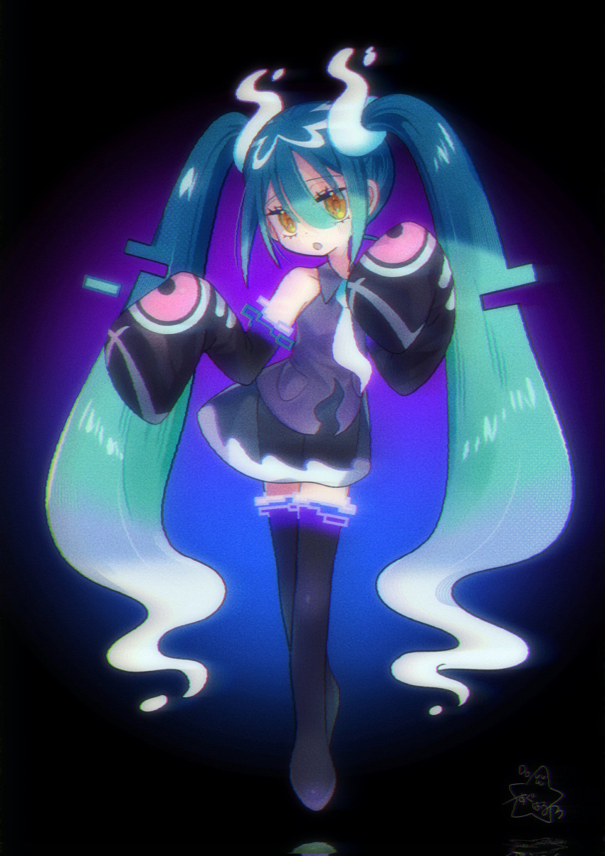 1girl black_thighhighs detached_sleeves ghost ghost_miku_(project_voltage) glitch grey_shirt hair_between_eyes hatsune_miku highres long_hair looking_at_viewer necktie open_mouth pokemon project_voltage see-through see-through_skirt shirt skirt sleeves_past_fingers sleeves_past_wrists suguharu86 thigh-highs twintails very_long_hair vocaloid will-o'-the-wisp_(mythology) yellow_eyes