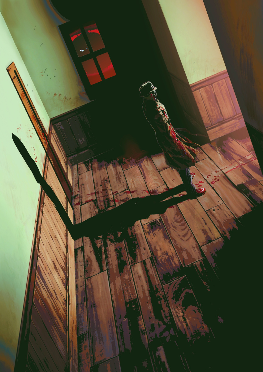 1boy absurdres ascot blood blood_on_clothes bloody_frootprints extra_eyes facing_to_the_side fedora footprints gloves hallway hat highres indoors inkblot male_focus mask rorschach scarf shadow taocan_shisi_hao trench_coat watchmen window