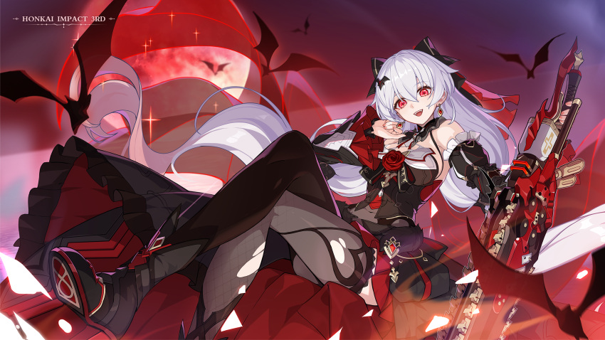 1girl animal bare_shoulders bat_(animal) black_dress black_sleeves black_thighhighs chainsaw chinese_commentary crossed_legs detached_sleeves dress earrings flower full_moon hair_between_eyes highres holding holding_weapon honkai_(series) honkai_impact_3rd jewelry long_hair looking_at_viewer moon nail_polish official_art official_wallpaper open_mouth red_eyes red_flower red_moon red_rose rose solo teeth theresa_apocalypse theresa_apocalypse_(lunar_vow:_crimson_love) thigh-highs torn_clothes upper_teeth_only vampire weapon white_hair
