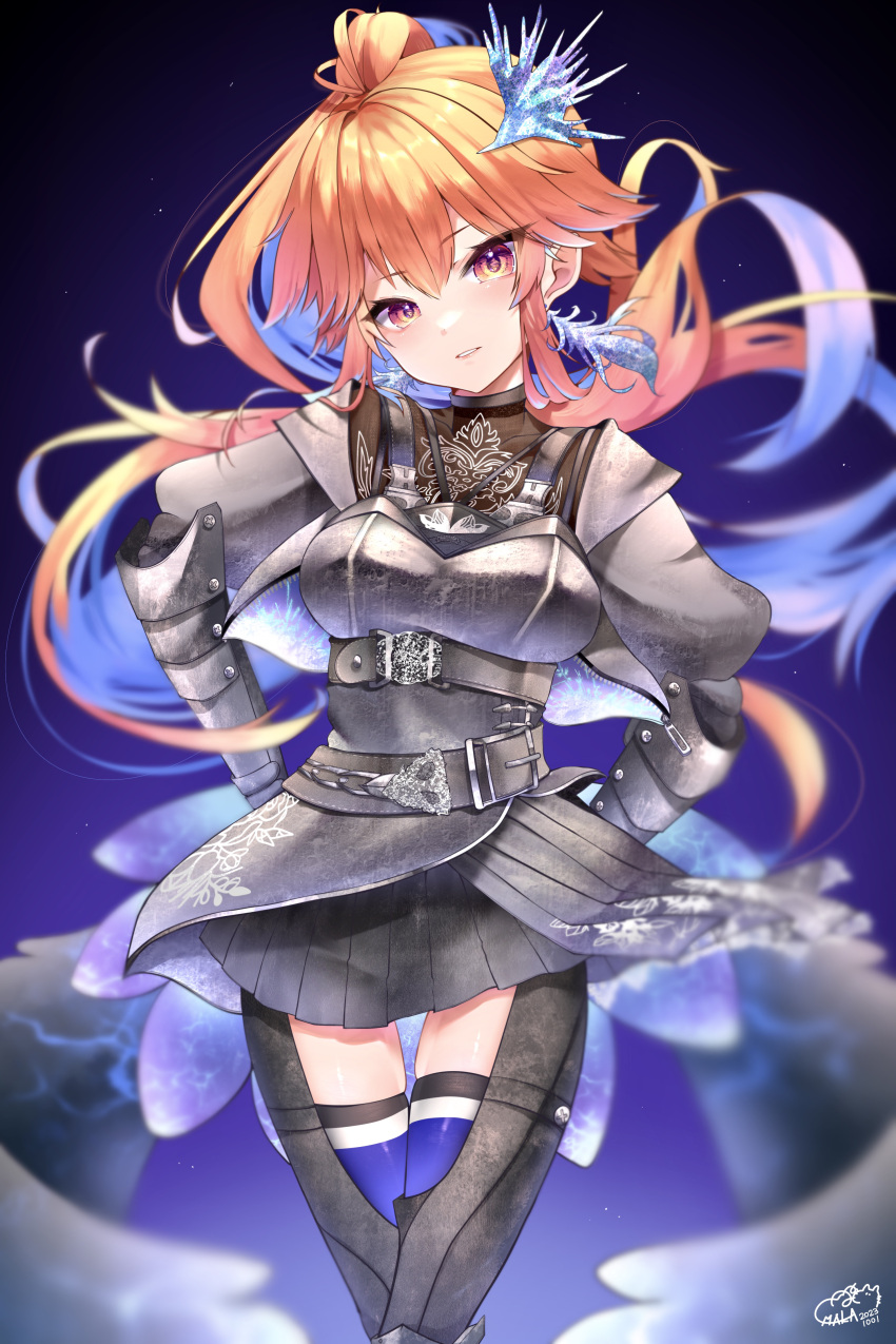 1girl absurdres armor belt blue_background blue_hair blue_thighhighs breasts cowboy_shot floating_hair hair_ornament high_ponytail highres hololive hololive_english knight long_hair maka_aratame medium_breasts multicolored_hair official_alternate_costume official_alternate_hairstyle orange_eyes orange_hair parted_lips pleated_skirt skirt solo takanashi_kiara takanashi_kiara_(knight) thigh-highs thigh_strap two-tone_hair very_long_hair virtual_youtuber
