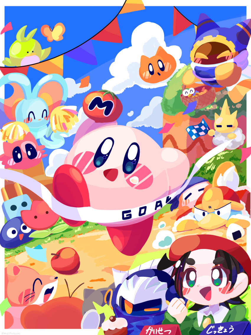 :d :o ^_^ adeleine apple arms_up bandana bandana_waddle_dee basket beret bird black_hair blue_bandana blue_cape blue_eyes blue_sky blush blush_stickers border bug butterfly cake cape capiller_(kirby) character_request checkered_flag clenched_hand closed_eyes clouds collared_shirt commentary_request confetti day elfilin fallen_down finish_line flag flower food fruit fur-trimmed_jacket fur_trim gooey_(kirby) grass green_eyes green_shirt hand_up hat highres hill holding holding_basket holding_flag holding_food holding_pom_poms jacket king_dedede kirby kirby_(series) long_sleeves looking_at_viewer magolor mask maxim_tomato meta_knight n-z omame_sakana on_cloud onigiri open_mouth outdoors outside_border parted_bangs path pennant pitch_(kirby) plugg_(kirby) pom_pom_(cheerleading) racing red_flower red_headwear red_jacket running scarfy shirt short_hair sky smile string_of_flags tomato tulip_(kirby) v-shaped_eyebrows waddle_doo whiskers_(kirby) white_border yellow_butterfly