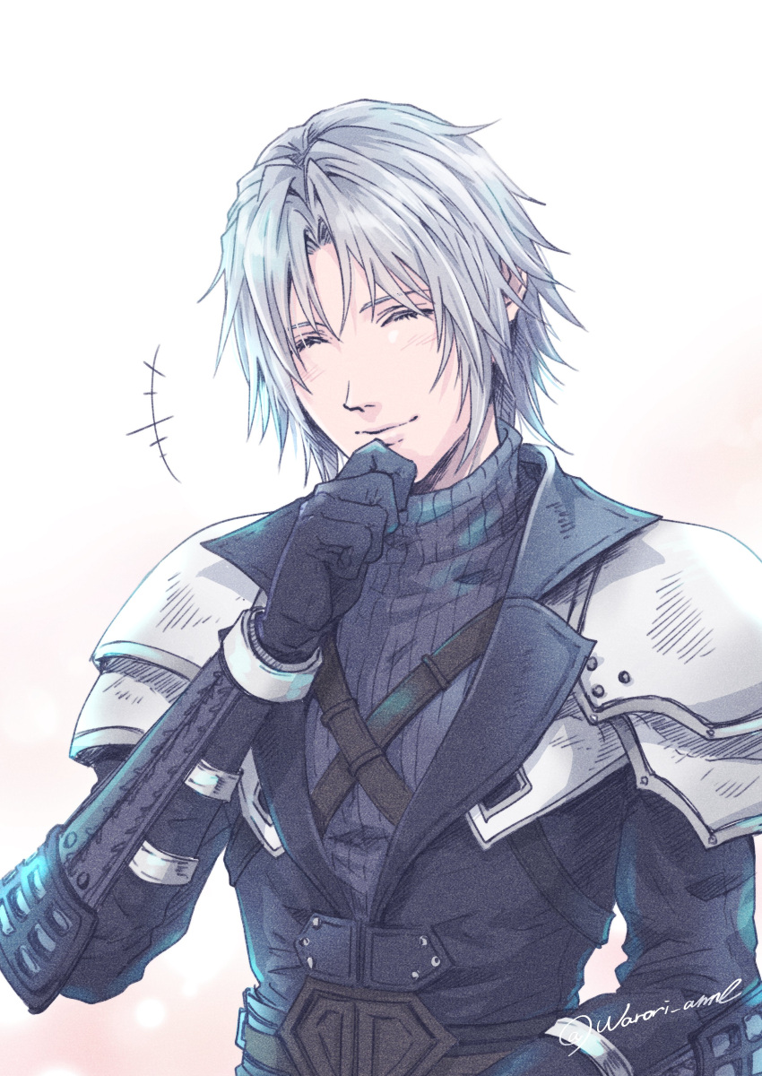1boy absurdres aged_down arm_guards armor black_gloves black_jacket chest_strap closed_eyes closed_mouth commentary_request final_fantasy final_fantasy_vii final_fantasy_vii_ever_crisis giggling gloves grey_hair hand_on_own_chin hand_up highres jacket long_sleeves male_focus parted_bangs ribbed_sweater sephiroth short_hair shoulder_armor sleeveless sleeveless_turtleneck smile solo sweater turtleneck turtleneck_sweater twitter_username upper_body warori_anne