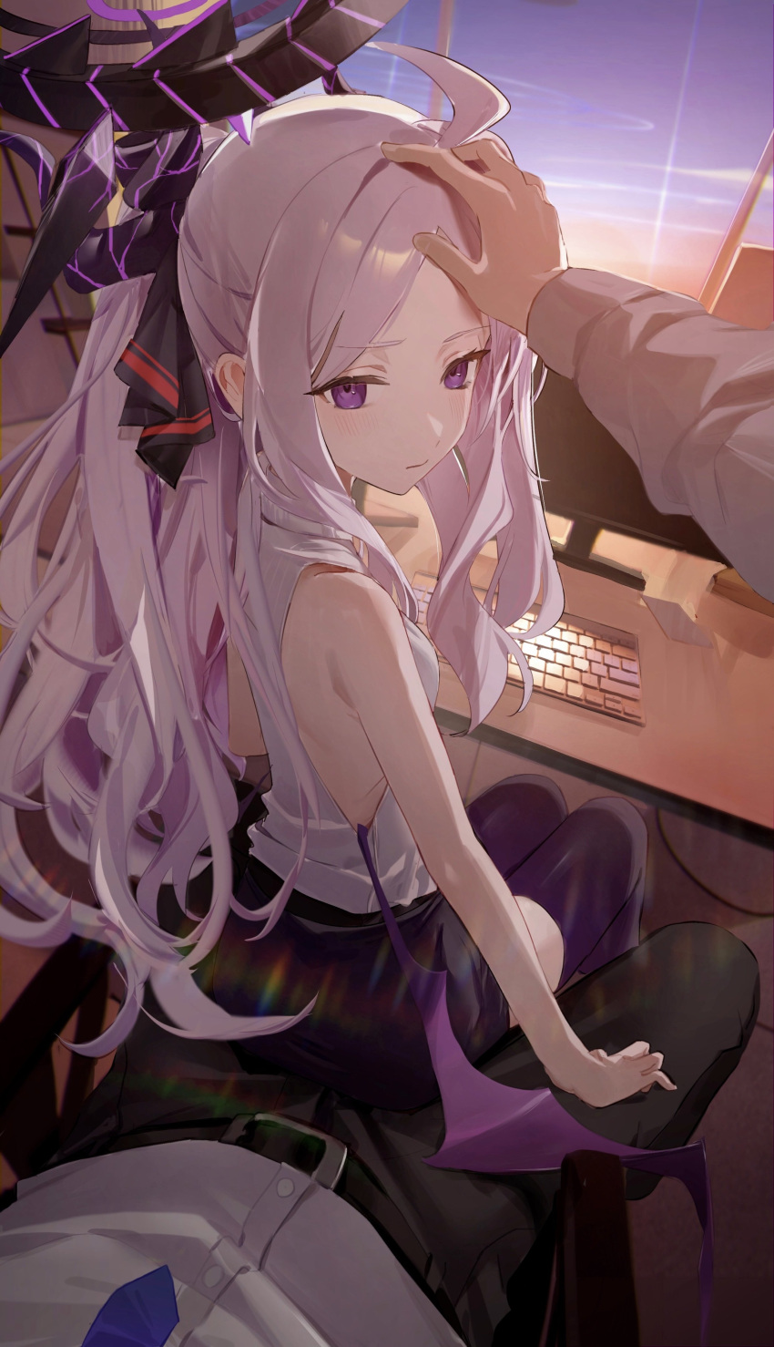 1boy 1girl absurdres bare_shoulders belt blue_archive blush breasts demon_wings desk flatshi hair_ribbon halo hand_on_another's_head headpat highres hina_(blue_archive) horns keyboard_(computer) long_hair looking_at_viewer looking_back low-cut_armhole miniskirt monitor ponytail pov purple_wings revision ribbon sensei_(blue_archive) shirt sitting sitting_on_lap sitting_on_person skirt sky sleeveless sleeveless_shirt small_breasts thigh-highs twilight very_long_hair violet_eyes white_hair wings zettai_ryouiki