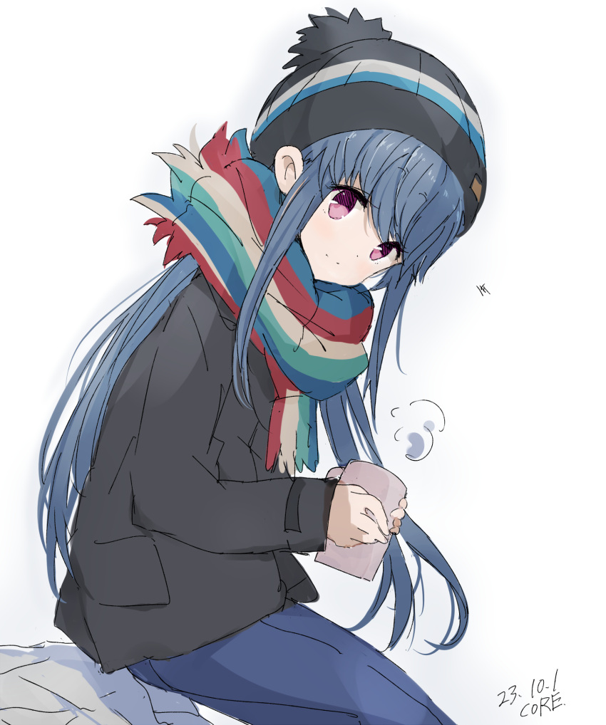 1girl artist_name beanie black_headwear blue_hair blue_pants bobblehat core_(mayomayo) cup dated from_side hat highres holding holding_cup jacket long_hair looking_at_viewer looking_to_the_side multicolored_clothes multicolored_scarf pants scarf shima_rin simple_background sitting smile solo striped striped_scarf very_long_hair violet_eyes white_background white_jacket yurucamp