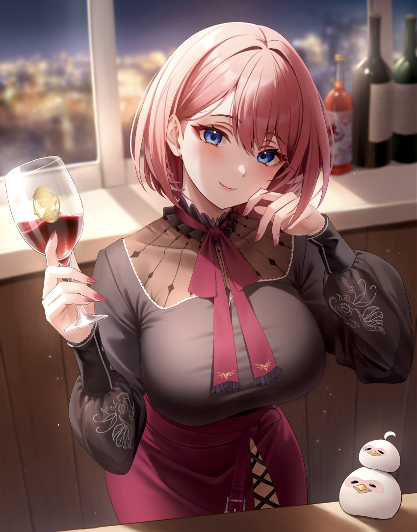 1girl absurdres alcohol animal_print bird_print black_choker black_shirt blouse blue_eyes blurry blurry_background bottle breasts character_print choker city_lights closed_mouth commentary_request cup drinking_glass fingernails frilled_choker frills hair_behind_ear hair_between_eyes head_wings highres holding holding_cup holika_baby hololive huge_breasts leaning_forward light_blush light_particles lips long_sleeves looking_at_viewer medium_hair nail_polish neck_ribbon night night_sky pink_hair pink_nails red_ribbon red_skirt ribbon shirt skirt sky smile solo takane_lui takane_lui_(3rd_costume) tsukune_(takane_lui) tsumire_(takane_lui) virtual_youtuber wine wine_bottle wine_glass wings