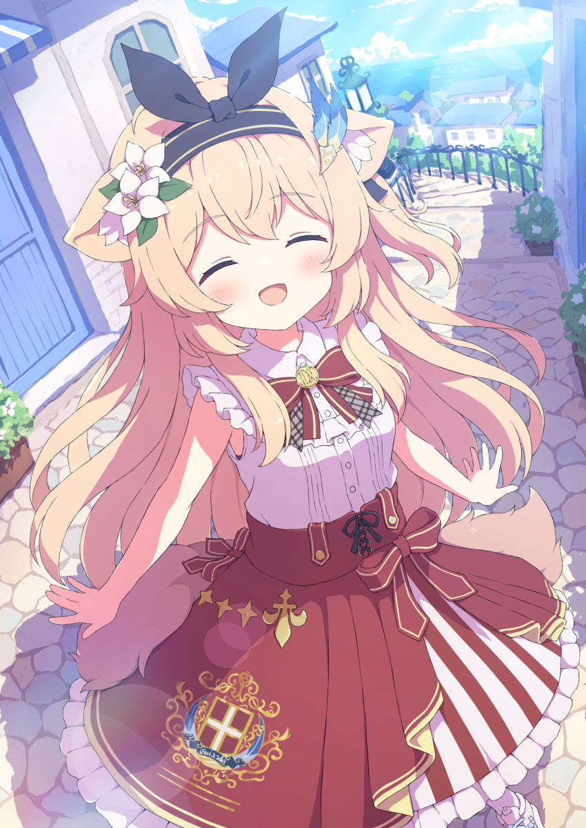 1girl animal_ear_fluff animal_ears blonde_hair blush bow closed_eyes coat_of_arms commission dress dutch_angle from_above highres long_hair looking_at_viewer open_mouth original outdoors outstretched_arms shirt sidelocks skeb_commission smile tyakomes