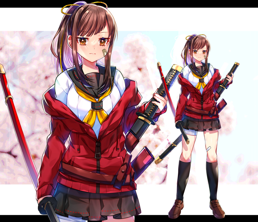 1girl akirannu bandaged_leg bandages bandaid bandaid_on_cheek bandaid_on_face black_skirt black_socks breasts brown_footwear brown_hair closed_mouth drawstring full_body hand_up highres holding holding_sword holding_weapon hood hoodie katana kneehighs letterboxed loafers long_hair looking_at_viewer medium_breasts neckerchief original outside_border pleated_skirt ponytail red_hoodie red_neckerchief sheath sheathed shirt shoes sidelocks skirt sleeves_past_wrists socks solo standing sword weapon white_shirt yellow_eyes zipper_pull_tab zoom_layer