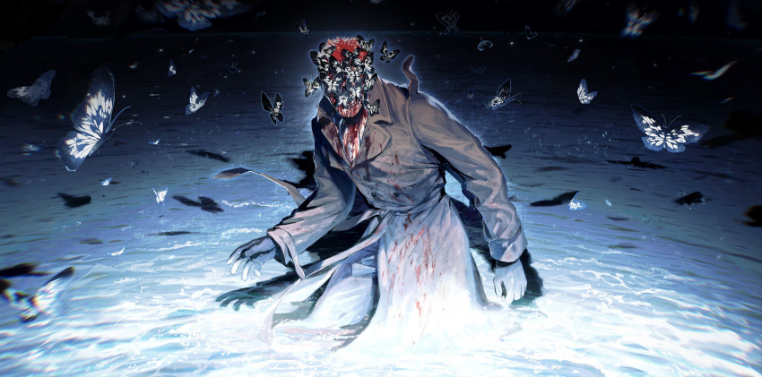 1boy absurdres ascot blood blood_on_clothes blood_on_face bug butterfly facing_viewer fedora gloves hat highres horror_(theme) inkblot male_focus masked redhead rorschach scarf solo swarm taocan_shisi_hao trench_coat watchmen water
