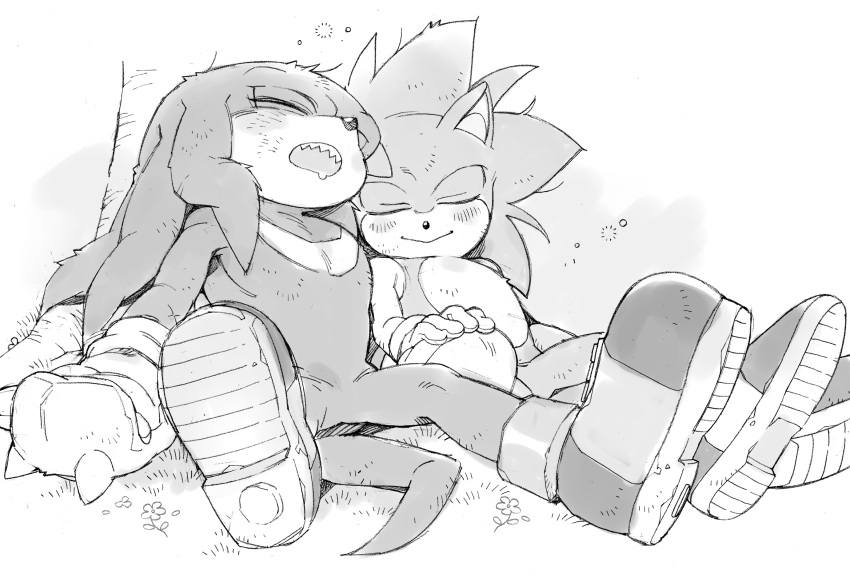 2boys animal_ears animal_nose blush boots closed_eyes closed_mouth drooling furry furry_male gloves grass greyscale hedgehog hedgehog_ears hedgehog_tail highres knuckles_the_echidna male_focus monochrome multiple_boys open_mouth sharp_teeth shoes simple_background sitting sk_rokuro sleeping smile sneakers socks sonic_(series) sonic_the_hedgehog spread_legs tail teeth tree