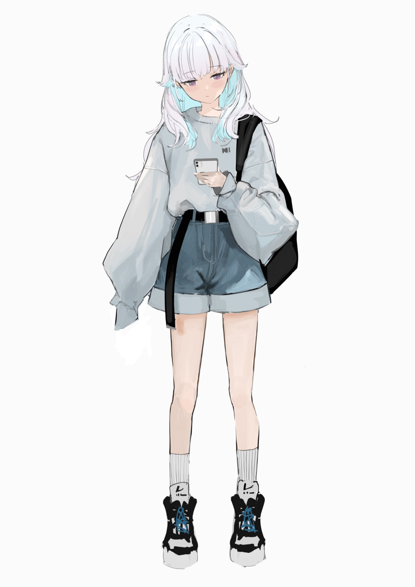 1girl absurdres backpack bag belt black_belt blue_hair blue_shorts casual cellphone colored_inner_hair grey_sweater highres light_blue_hair lize_helesta long_hair long_sleeves looking_at_phone multicolored_hair napori515 nijisanji phone ribbed_socks shoes shorts simple_background sleeves_past_fingers sleeves_past_wrists smartphone sneakers socks solo sweater violet_eyes white_background white_hair white_socks