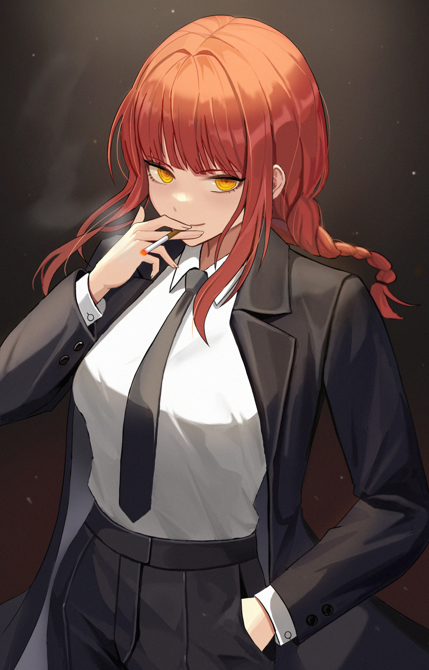 1girl absurdres black_coat black_necktie black_pants braid braided_ponytail business_suit chainsaw_man cigarette coat collared_shirt commentary formal hand_in_pocket high-waist_pants highres holding holding_cigarette long_sleeves makima_(chainsaw_man) medium_hair necktie pants redhead ringed_eyes shirt shirt_tucked_in sidelocks smile smoking solo soyeong suit white_shirt yellow_eyes