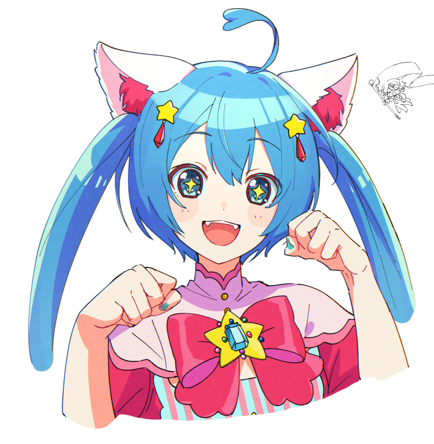 1boy 1girl absurdres ahoge animal_ears aqua_eyes blue_hair blue_nails bow bowtie cat_ears closed_eyes fingernails flag gem hair_ornament hands_up hatsune_miku highres holding holding_flag long_hair looking_at_viewer open_mouth paw_pose pink_bow pink_bowtie project_sekai short_hair simple_background smile solo_focus star_(symbol) star_hair_ornament taro14_tea teeth tenma_tsukasa twintails upper_body upper_teeth_only vocaloid white_background wonderlands_x_showtime_(project_sekai) wonderlands_x_showtime_miku