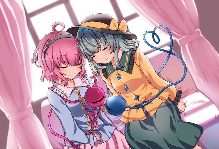 2girls absurdres ahoge black_hairband black_headwear blue_shirt bow buttons closed_eyes closed_mouth commentary_request curtains diamond_button dutch_angle facing_viewer frilled_shirt_collar frilled_sleeves frills green_hair green_skirt hairband hat hat_bow heart heart_button heart_of_string highres indoors komeiji_koishi komeiji_satori long_sleeves multiple_girls partial_commentary pink_hair pink_skirt revision rpameri shirt short_hair siblings sidelocks sisters sitting skirt smile split_mouth third_eye third_eye_on_chest touhou window yellow_bow yellow_shirt