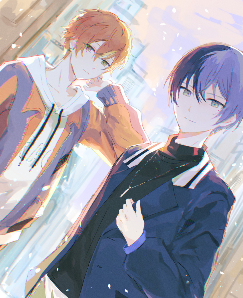 2boys absurdres adjusting_clothes aoyagi_touya blonde_hair blue_hair closed_mouth commentary_request dark_blue_hair drawstring earrings green_eyes grey_eyes hand_up highres hood hood_down hoodie jacket jacket_over_hoodie jewelry kouri_2x lapels long_sleeves looking_at_viewer male_focus mole mole_under_eye multicolored_hair multiple_boys necklace notched_lapels open_clothes open_jacket orange_hair outdoors project_sekai shinonome_akito short_hair split-color_hair split_mouth streaked_hair turtleneck two-tone_hair upper_body white_hoodie