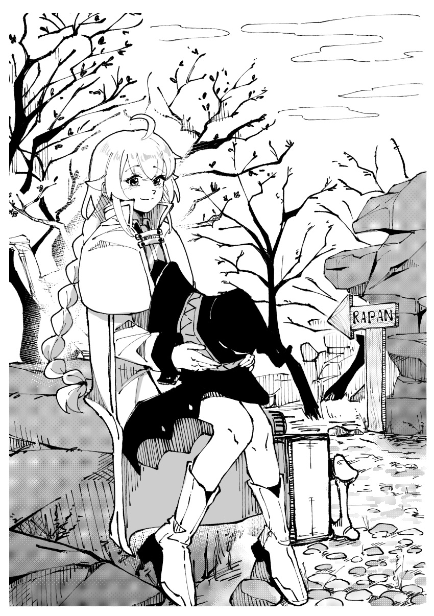 1girl absurdres ahoge boots braid braided_ponytail coat dress english_commentary english_text engrish_text greyscale hat hat_removed headwear_removed highres long_hair long_sleeves looking_at_viewer masruu monochrome mushoku_tensei outdoors ponytail ranguage roxy_migurdia sign sitting smile solo suitcase tree very_long_hair
