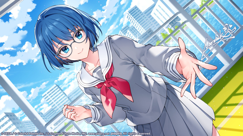 1girl absurdres blue_eyes blue_hair blue_sky building closed_mouth clouds commentary_request cowboy_shot glasses grey_serafuku grey_skirt highres kiritani_haruka long_sleeves looking_at_viewer miyamasuzaka_girls'_academy_school_uniform nardack neckerchief official_art outstretched_hand pleated_skirt project_sekai red_neckerchief sailor_collar school_uniform second-party_source serafuku short_hair signature skirt sky smile solo