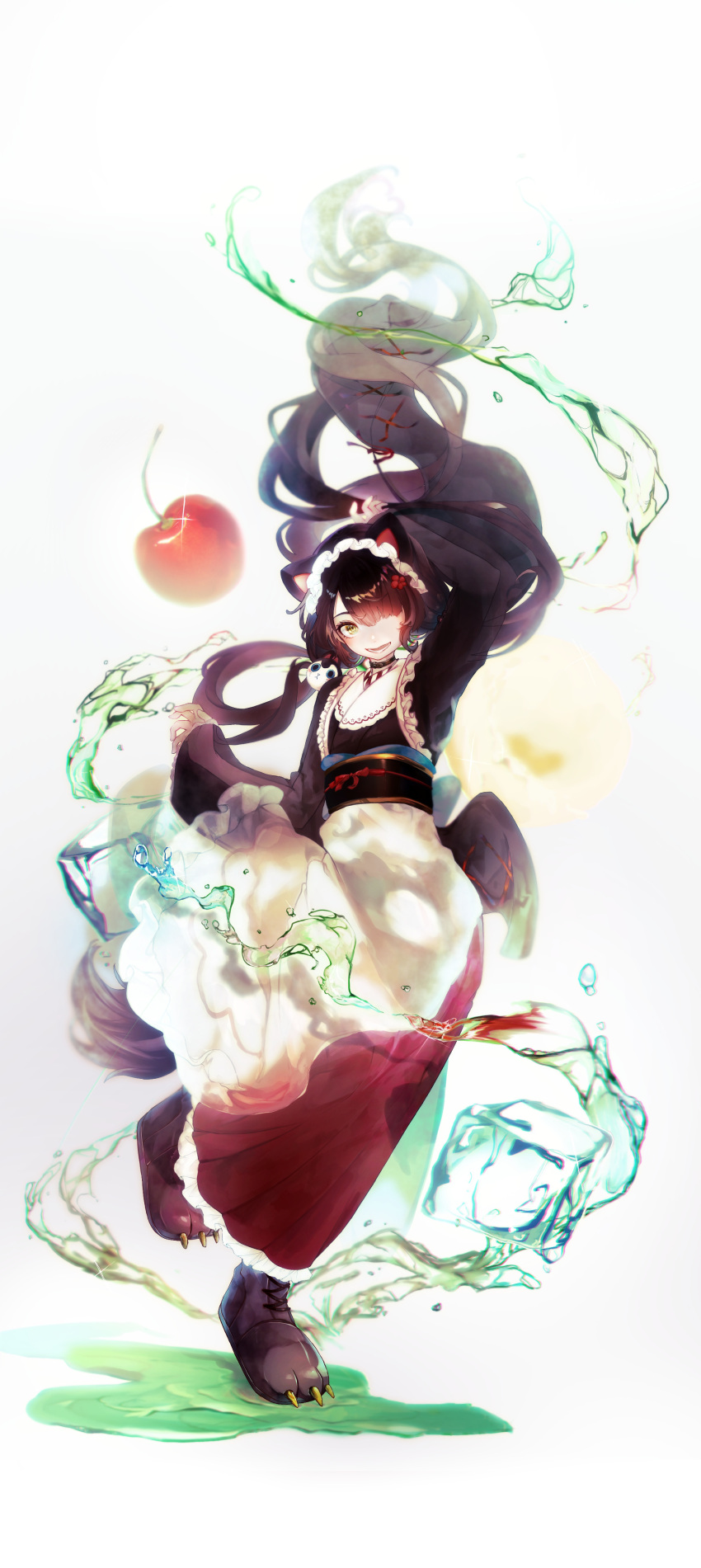 1girl absurdres animal_ears apron arm_up asymmetrical_bangs black_collar black_kimono brown_footwear brown_hair collar crazy_smile dog_ears dog_tail flower frilled_apron frills full_body hair_flower hair_ornament hair_over_one_eye hakama hakama_skirt highres inui_toko inui_toko_(1st_costume) japanese_clothes kimono long_bangs long_hair long_sleeves looking_at_viewer low_twintails maid maid_headdress nijisanji obi open_mouth paw_shoes red_flower red_hakama red_skirt sash shinakou skirt sleeves_past_wrists smile solo swept_bangs tail twintails very_long_hair virtual_youtuber wa_maid waist_apron white_apron wide_sleeves yellow_eyes
