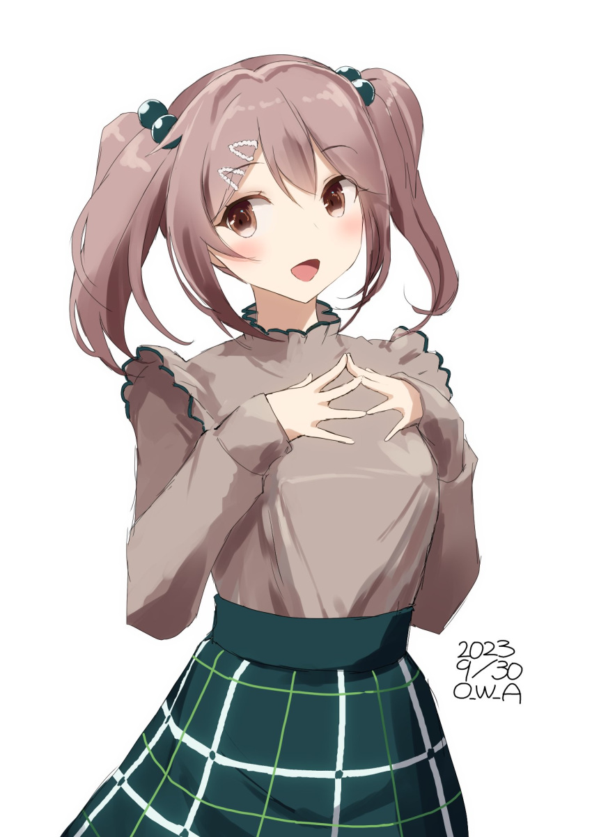 1girl alternate_costume artist_name brown_shirt commentary_request cowboy_shot dated frilled_shirt frills green_skirt hair_bobbles hair_ornament hairclip highres kantai_collection owa_(ishtail) pink_eyes pink_hair plaid plaid_skirt sazanami_(kancolle) shirt short_hair skirt smile solo steepled_fingers twintails