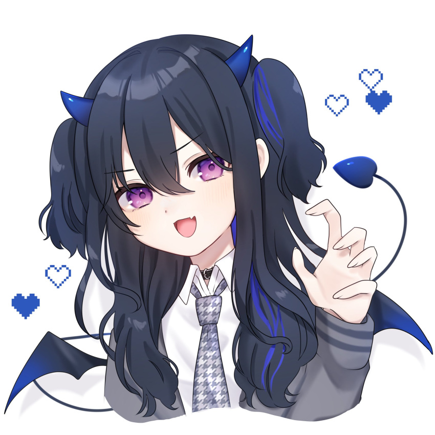 1girl :d black_collar black_hair blue_hair blue_horns blue_tail blue_wings claw_pose collar demon_girl demon_horns demon_tail demon_wings dress_shirt fang grey_jacket grey_necktie hair_between_eyes heart highres horns houndstooth ichinose_uruha jacket long_hair long_sleeves looking_at_viewer mini_wings multicolored_hair necktie official_alternate_costume school_uniform shirt simple_background skin_fang smile solo streaked_hair tail two_side_up upper_body v-shaped_eyebrows violet_eyes virtual_youtuber vspo! white_background white_shirt wing_collar wings zawanaka1120