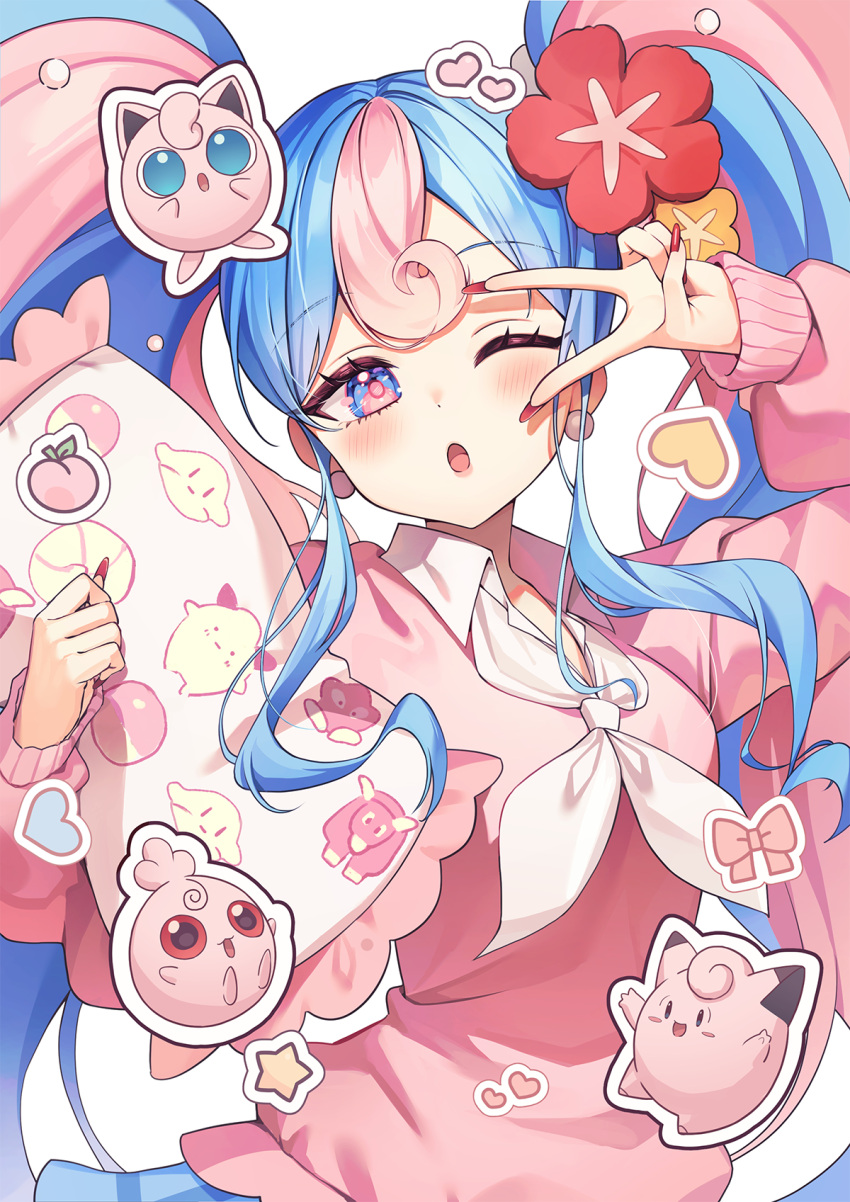1girl ;o blue_eyes blue_heart blue_skirt blush border bow cardigan clefairy clefairy_sprite_(pokemon) collared_shirt commentary curly_hair dot_nose earrings eyelashes fairy_miku_(project_voltage) fingernails flower food fruit gradient_hair hair_flower hair_ornament hatsune_miku heart highres holding holding_pillow igglybuff jewelry jigglypuff long_fingernails long_hair long_sleeves looking_at_viewer multicolored_hair nail_polish neckerchief one_eye_closed open_mouth peach pillow pine_(angel4195202) pink_bow pink_eyes pink_hair plaid plaid_shirt poke_ball_print pokemon project_voltage red_nails shirt simple_background skirt sleeves_past_wrists star_(symbol) tauros twintails two-tone_eyes two-tone_hair v v_over_eye very_long_hair vocaloid white_background white_border white_cardigan white_neckerchief white_shirt