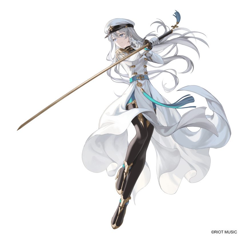 1girl boots commentary_request epaulettes fringe_trim full_body gloves grey_eyes grey_hair hat high_heel_boots high_heels highres holding holding_sword holding_weapon long_hair military_uniform peaked_cap reverse_grip riot_music solo sumeragi_miona sword thigh_boots tsuki-shigure uniform weapon white_background white_gloves