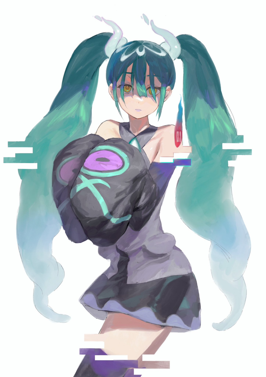 1girl aqua_hair bare_shoulders black_skirt black_sleeves black_thighhighs closed_mouth detached_sleeves frown ghost_miku_(project_voltage) ghost_pose glitch hair_between_eyes hatsune_miku highres long_hair long_sleeves looking_at_viewer miniskirt pokemon project_voltage purple_lips r_r_i_n skirt sleeves_past_fingers sleeves_past_wrists solo thigh-highs twintails very_long_hair vocaloid will-o'-the-wisp_(mythology) yellow_eyes zettai_ryouiki