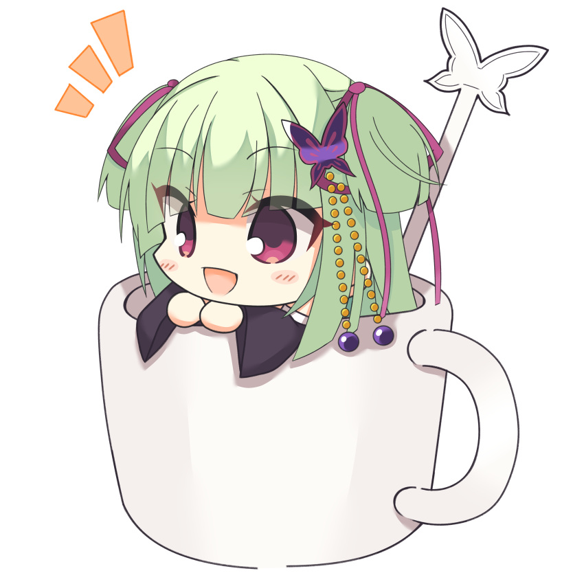 1girl :d absurdres blunt_bangs blunt_ends blush_stickers butterfly_hair_ornament chibi coffee_mug commentary_request cup detached_sleeves eyes_visible_through_hair hair_ornament hair_ribbon highres hime_cut kaon_zz long_sleeves looking_afar mug murasame_(senren) notice_lines open_mouth purple_ribbon red_eyes ribbon senren_banka sidelocks simple_background smile solo two_side_up white_background wide_sleeves