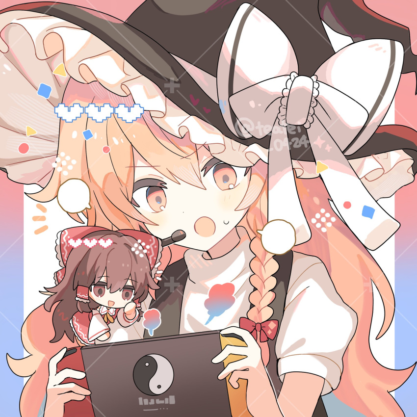 2girls blonde_hair bow braid breasts brown_eyes brown_hair chibi chibi_inset hair_bow hair_tubes hakurei_reimu handheld_game_console hat hat_bow highres holding holding_handheld_game_console kirisame_marisa long_hair multiple_girls open_mouth red_bow shirocha_tei signature small_breasts touhou witch_hat yellow_eyes
