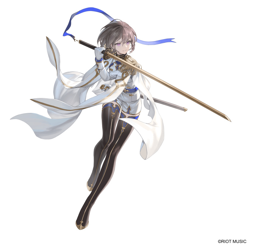 1girl boots brown_hair commentary_request doumyouji_cocoa epaulettes fringe_trim full_body gloves highres holding holding_sword holding_weapon military_uniform riot_music short_hair shorts solo sword thigh_boots tsuki-shigure uniform violet_eyes weapon white_background white_gloves