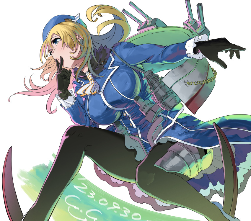1girl adapted_turret atago_(kancolle) beret black_gloves black_pantyhose blonde_hair blue_headwear blush breasts cannon dated gegeron gloves green_eyes hat high_heels highres jacket kantai_collection large_breasts long_hair machinery military military_uniform pantyhose signature skirt solo uniform v white_background