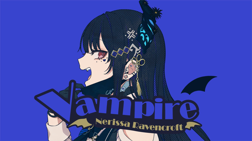 1girl asymmetrical_horns black_hair blue_hair breasts colored_inner_hair demon_horns fangs hair_ornament heart highres hololive hololive_english horns large_breasts long_hair looking_at_viewer mask mole mole_under_eye multicolored_hair nerissa_ravencroft official_art open_mouth red_eyes smile teeth two-tone_hair uneven_horns vampire_(vocaloid) virtual_youtuber