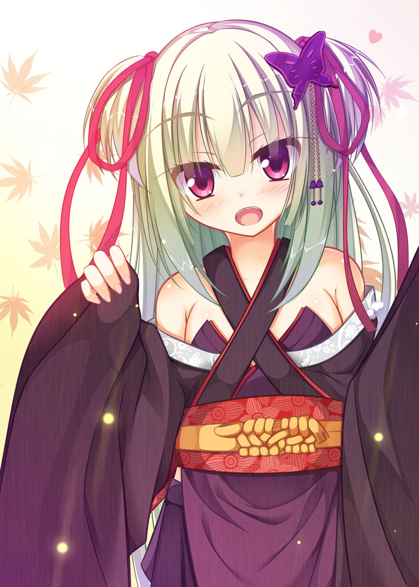 1girl armpit_crease autumn_leaves bare_shoulders black_kimono blunt_bangs blush breasts butterfly_hair_ornament commentary criss-cross_halter eyelashes eyes_visible_through_hair gradient_background green_hair hair_between_eyes hair_ornament hair_ribbon halterneck happy heart highres japanese_clothes kimono light_particles long_hair looking_at_viewer murasame_(senren) open_mouth pom_pom_(clothes) red_eyes red_ribbon ribbon senren_banka shrimp_3 sidelocks simple_background sleeves_past_wrists small_breasts smile solo straight_hair teeth two_side_up upper_teeth_only white_background wide_sleeves yellow_background