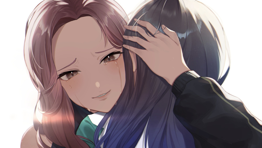 2girls back blue_hair brown_hair commentary_request crying crying_with_eyes_open fingernails hand_on_another's_head highres kotaki_nagi long_hair looking_at_viewer multiple_girls parted_lips project_sekai shiraishi_an simple_background tears vivid_bad_squad_(project_sekai) white_background yutan_(pom_draw)