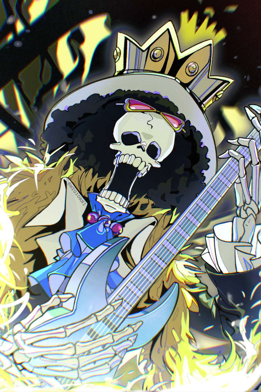 1boy absurdres afro artist_name ascot black_hair blue_ascot brook_(one_piece) crown crown_hat electric_guitar english_commentary eyewear_on_head guitar highres holding holding_instrument instrument long_sleeves male_focus music mygiorni one_piece open_mouth pink-tinted_eyewear playing_instrument skeleton solo sunglasses tinted_eyewear