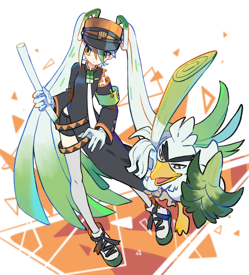 1girl armband bike_shorts black_coat coat delinquent detached_sleeves fighting_miku_(project_voltage) food gloves gradient_hair green_armband hair_between_eyes hatsune_miku highres holding holding_food holding_spring_onion holding_vegetable long_hair long_sleeves multicolored_hair necktie orange_trim pokemon pokemon_(creature) project_voltage shoes side_slit single_detached_sleeve sirfetch'd sneakers spring_onion thigh-highs twintails two-tone_hair vegetable very_long_hair visor_cap vocaloid white_gloves white_hair white_thighhighs yamifuti yellow_eyes