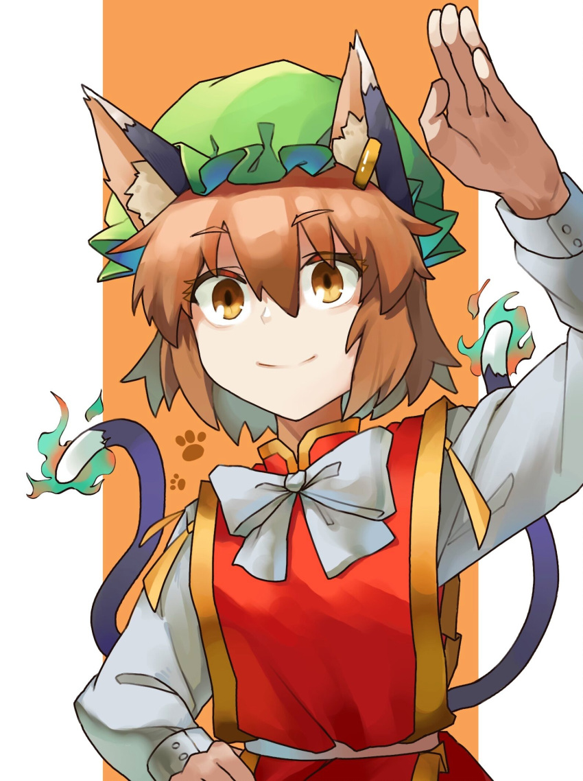 1girl animal_ear_fluff animal_ears arm_up bow bowtie brown_eyes brown_hair cat_ears cat_tail chen closed_mouth earrings flame-tipped_tail frills gold_trim green_headwear hair_between_eyes hand_on_own_hip hand_up hat highres jewelry mob_cap multiple_tails nekomata onionmay orange_background red_vest short_hair simple_background single_earring smile solo tail touhou two_tails upper_body vest white_background white_bow white_bowtie