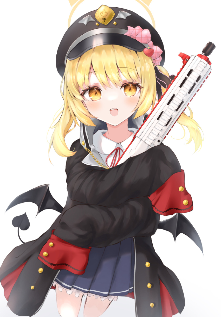 1girl assault_rifle black_headwear black_jacket black_skirt black_wings blonde_hair blue_archive blush cropped_legs demon_tail demon_wings gun h&amp;k_hk416 halo hat highres ibuki_(blue_archive) jacket long_hair low_wings noko_(nco029685627) open_mouth oversized_clothes peaked_cap pleated_skirt rifle side_ponytail simple_background skirt sleeves_past_fingers sleeves_past_wrists smile solo tail weapon white_background wings yellow_eyes yellow_halo